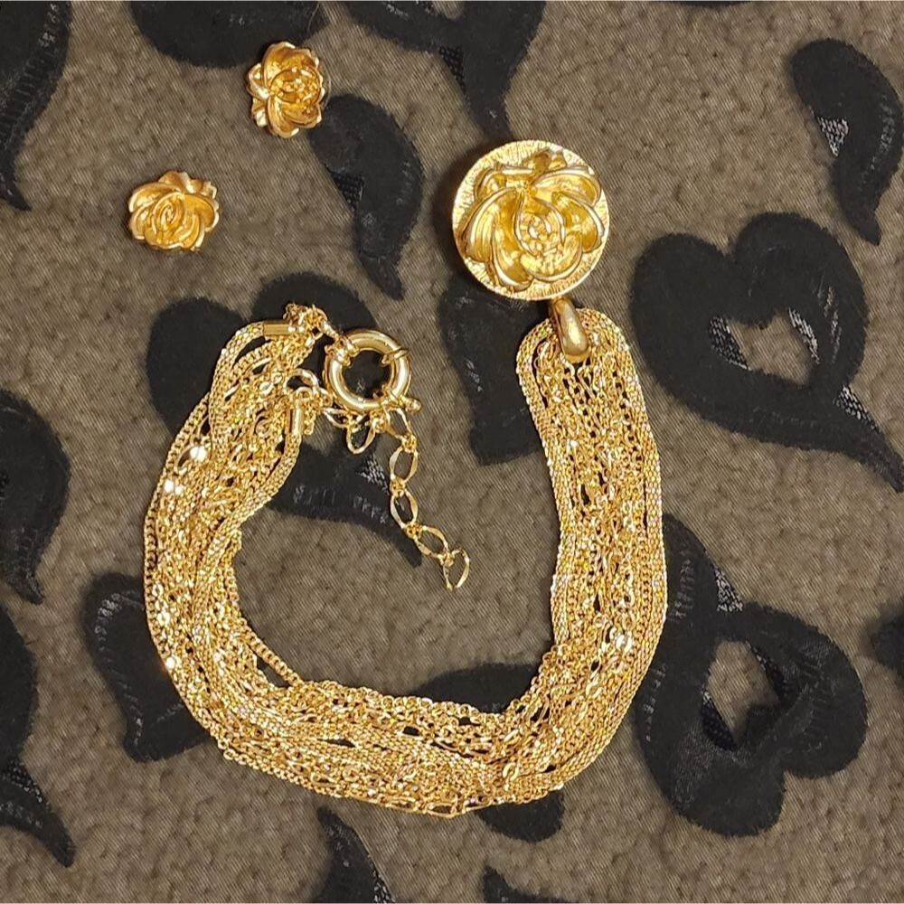 RARE Multi-strand Necklace with Rose Pillbox/Trinket Pendant & Earrings